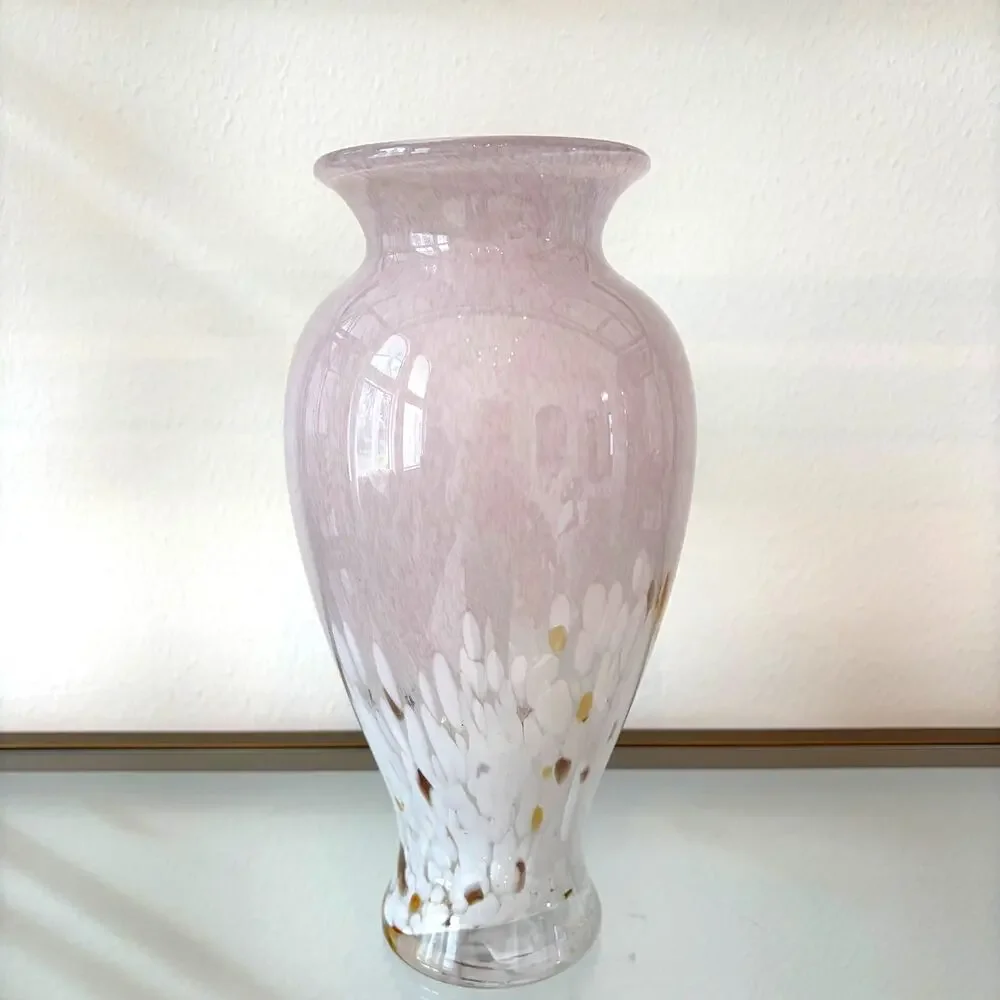 Murano Style Art Glass Vase 11.5in Pastel Pink White Speckled Gold Accents NEW